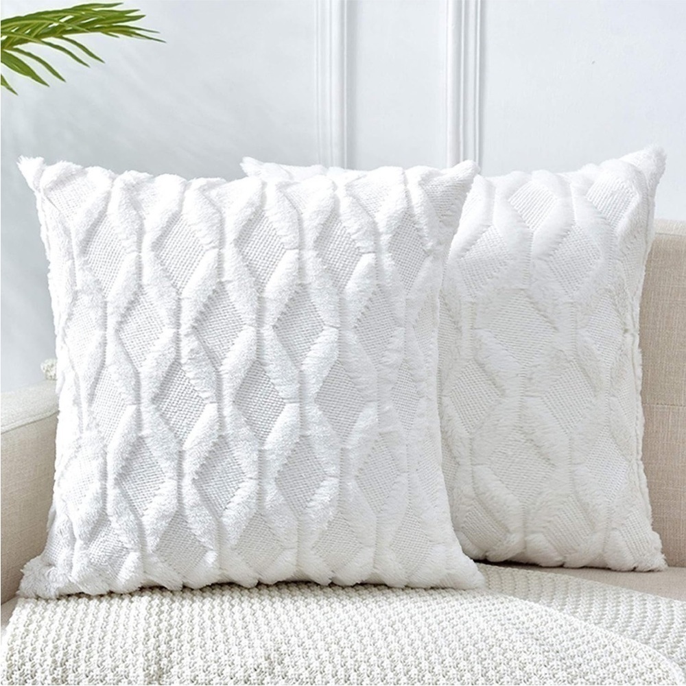 White Ivory Farmhouse Pillow Cover Furry Faux Luxury Soft Warm Pillow Case Set - Picture 1 of 6